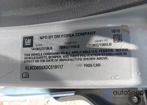 2013 Chevrolet Spark 1Lt Auto из США, поврежденный, VIN KL8CD6S9XDC519117